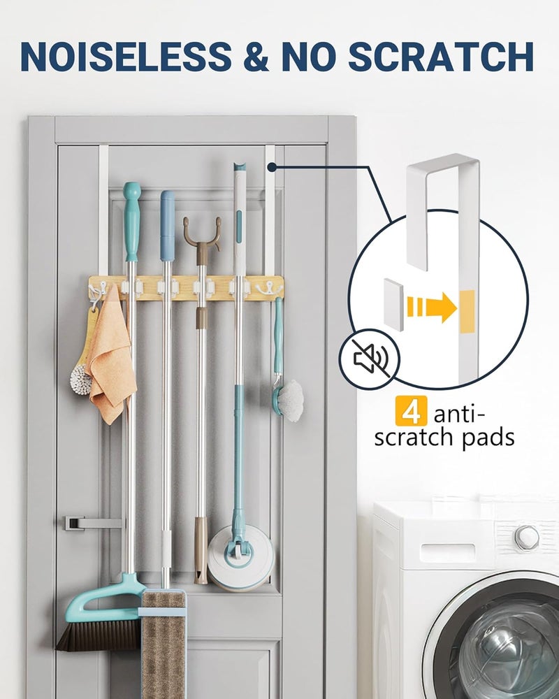 Lorbro Broom Holder Door Mount, Over the Door Broom and Mop Holder with 2 Over Door Hooks, Wood Broom Hanger, Tool Rack Organizer for Laundry, Garage, Closet, Kitchen Decor, 4 Slots & 4 Hooks Rustic - Image 5